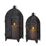 TRIROCKS Set of 2 Vintage Decorative Candle Lantern 16.5''&12'' High Metal Candle Holder Hanging Lantern with Hollow Pattern for Living Room Garden Parties Events Indoors Outdoors(Black)