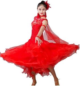 YC WELL Women Modern Waltz Tango Smooth Ballroom Dance Dress Standard Ballroom Dress(red,XL)