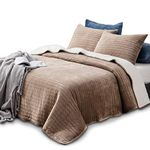 KASENTEX Plush Poly Velvet Lavish Design Quilt Set with Reversible Fleece Micromink Sherpa - Luxurious Bedding Soft & Warm Comforter Machine Washable Comforter (Taupe Brown, King + 2 Shams)