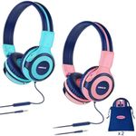 2 Pack of SIMOLIO Kids Headphones with Safe Volume, Microphone, Share Port, On-Ear Headphones for Girls Boys Childrens, Adjustable & Foldable Travel Headphones with Pouch for Plane (Mint,Pink)