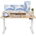 FEZIBO Height Adjustable Electric Standing Desk with Double Drawer, 60 x 24 Inch Stand Up Table with Storage Shelf, Sit Stand Desk with Splice Board, White Frame/Maple Top