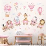 decalmile Pink Animal Train Wall Decals Elephant Lion Hot Air Balloon Wall Stickers Girls Bedroom Baby Nursery Playroom Wall Decor