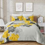 Menghomeus California King Comforter Set Yellow Floral Pattern Printed On Grey Cal King Bedding Set Soft Microfiber Boho Bed Set for All Season, 3 Pieces