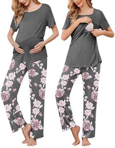 Ekouaer Maternity Nursing Pajamas Sets Short Sleeve Postpartum Pregnancy Pajama Breastfeeding PJS Grey Floral Small