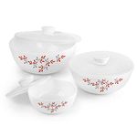 CELLO Opalware Twilight Floral Mixing Bowls with Lid | Thermal Resistant & Light Weight | Dishwasher & Microwave Safe | (500ml, 1000ml,1500ml), 3 Units, White