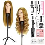 Yofuly 23" Hairdressing Head, 80% Real Human Hair Training Head with Wig Stand Tripod, Make-up Doll Head for Hair Styling, Mannequin Manikin Heads with Table Clamp + DIY Braid Set(Light Brown)