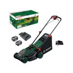 Bosch Cordless Lawn Mower ROTAK18V2-38 (Cutting Width: 38 cm, Height of Cut: 30-75 mm, 40 l Fabric Grass Bag, Mulch Plug, incl 2 x 18V Battery and Charger)
