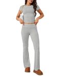 M_Eshop 2 Piece Set Women Outfit Lounge Sets Skims Short Sleeve Top And Flare Leggings Fold Over Yoga Pants Pajamas Set (CA/US, Alpha, Large, Regular, Regular, Light Gray)