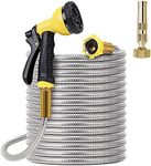 FOXEASE Metal Garden Hose 25FT- Stainless Steel Heavy Duty Water Hose with Solid Metal Nozzle &8 Function Sprayer, Portable & Lightweight Kink Free Yard Hose, Outdoor Hose