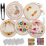Embroiderymaterial Pack of 5 DIY Embroidery Kit for Beginners, Cross Stitch Kit with 5 Different Designs Pre-Printed on Fabric, Floral, Heart, Bird & Festive Designs with Instruction Sheet