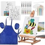 Kids Painting Set, Falling in Art Acrylic Paint Sets, Artist Supplies Kit with Wood Easel, Art Smock, Acrylics, Watercolors, Paint Brushes and More