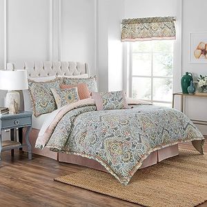 Waverly Artisanal-Ikat Modern Farmhouse Damask 4-Piece Reversible Comforter Set, Queen, Mineral