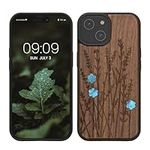 kwmobile Wood Case Compatible with iPhone 15 Case - Cover - Wild Flowers Pearl Dark Brown