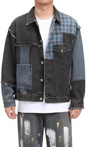 BYBNOLL Men's Distressed Denim Jacket Vintage Ripped Patchwork Jean Coat Destroyed Frayed Edge Streetwear