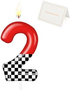 Racing Car Birthday Number Candle with Card, 2.4 inch Cake Topper for Race Car Party Decoration, White Black Checkered Number Candles for Racing-Themed Celebrations Supplies(Red，Number 2)