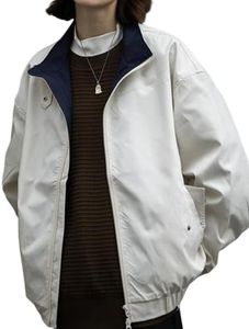 Yimoon Men's Vintage Varsity Jacket Oversized Zip Up Y2k Jacket Lightweight Patchwork Windbreak Jackets(Beige-S)