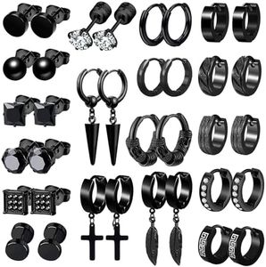 18 Paires Boucle d'Oreille Homme, Acier Inoxydable Boucles d'Oreilles, Boucle d'Oreille Créole, Boucle d'Oreille Pendante Homme, Noir Clous d'Oreilles pour Homme Femme