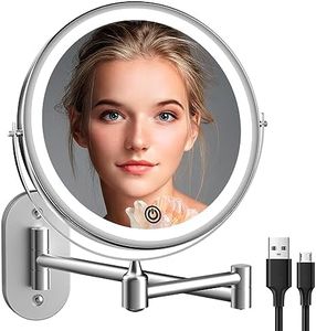 Rechargeable Wall Mounted Lighted Makeup Vanity Mirror 8 inch 1X/10X Magnifying Bathroom Mirror with 3 Color Lights, Double Sided with Dimmable LED Lights, Extended Arm 360° Swivel Extension Mirror