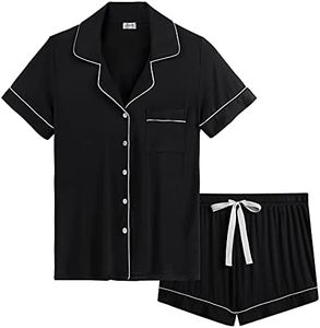 Amorbella Womens Comfy Jersey Knit Short Sleeve Button Up Pajama/Pj/Sleep Shorts Set(Black,Large)