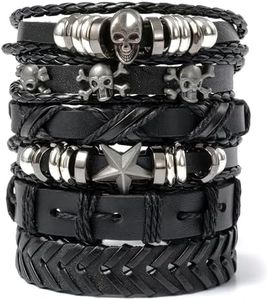 Evrblock Skull Bracelet - 6 Pcs Black Leather Bracelets for Men & Women, Emo, Grunge, Punk Accessories – Adjustable Size (7" to 11"), Durable Leather, Comfortable Fit, Stylish & Unisex