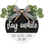 CHDITB 3D Stay Awhile But Please leave By 9PM Front Door Sign(11.42”x11.42”), Funny Welcome Sign with Ribbon Bow Artificial Green Leaves, Rustic Farmhouse Wood Wreath for Door Porch Office Classroom