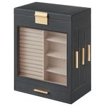 SONGMICS Jewellery Box with Glass Window, 5-Layer Jewellery Organiser with 3 Side Drawers, Jewellery Storage, with Vertical Storage Space, Big Mirror, Modern Style, Grey and Gold JBC162G01