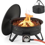 COSTWAY Outdoor Gas Fire Pit, Portable 58,000 BTU Propane Patio Heater with Folding Legs, Removable Grill, Carrying Bag, Lava Rocks and Tank Seat, 44cm Diameter BBQ Firepit Bowl for Garden, Camping