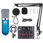 CEZO BM 800 Condenser Microphone Kit Set with V8 Sound Card, Boom Arm Stand, Pop Shield Recording Studio Equipment Full Set with 3.5mm Mic for Smartphones Live Streaming (BM800+V8 Blue)