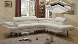 Air Leather Sectional Sofa with Right Hand or Left Hand Facing, Chrome Legs, Integrated Cup Holder, and Corner Storage (White Right Hand)