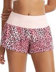 THE GYM PEOPLE Womens High Waisted Running Shorts Quick Dry Athletic Workout Shorts with Mesh Liner Zipper Pockets Pink Leopard