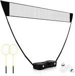 COSTWAY Portable Badminton Net Set, All-In-One Volleyball Badminton Set with Storage Base, 2 Rackets and 2 Shuttlecocks, for Backyard, Beach, Ball Games, Outdoor Team Sports (Black)