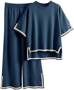 Tanming Sweater Sets Women 2 Piece Lounge Sets Short Sleeve Knit Pullover Tops Wide Leg Pants (Navy-L)