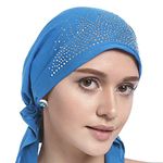 Breathable Pre Tied Cotton Skull Turban Bonnet Beanie Chemo Covers Cap Hat for Women Girl Multifunction Head Scarf Hair Loss Wrap Cap Blue