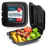 Food Takeaway Boxes 60 Pack 20x20cm - Сlamshell Take Away Biodegradable, Polystyrene - Burger Boxes Reusable - Disposable Containers Black with 1 Compartment - Takeaway Food Containers with Lids