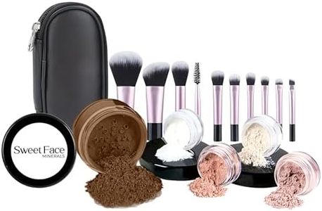 16pc STARTER KIT with 10 BRUSHES SET (EBONY) Mineral Makeup Bare Face Loose Powder Includes Matte Foundation, Veil Primer, Blush, Bronzer, Translucent Finishing Setting Powder SPF 30 Travel Size
