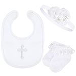 3 Pcs Baby Girl Cross Embroidered Christening Outfit White Bibs Socks Pearl Headband for Baby Baptism Party, White, 0-6 Months