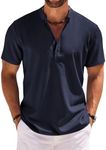 COOFANDY Men's Short Sleeve Henley Shirts Casual Collarless Shirt Band Collar Henley Summer Beach Henley T-Shirt Navy Blue