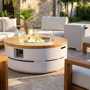 UPHA 38-inch Outdoor Patio Propane Gas Fire Pit Table 50000 BTU Concrete Round Firepit with ABS Tank Hidden Table, Wind Guard, Blue Glass Rocks, Rain Cover, Pure White Natural Wood Finish