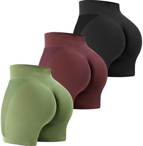 VVX 3 Piece Workout Shorts Womens Seamless High Waist Butt Lifting Scrunch Yoga Gym Shorts, Black/Wine/Green, Medium