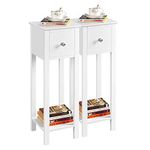 Yaheetech White Slim Bedside Table Set of 2, Narrow Wooden Nightstand with Drawer & Shelf, Tall Telephone Table Hallway Side Table, 25x25x70cm