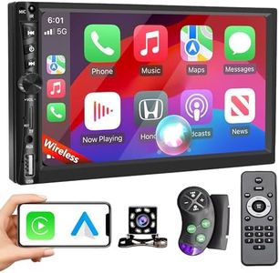 [Upgrade] 7 inch Double din car Stereo with Wireless carplay & Android auto, Bluetooth car Stereo, IPS Touchscreen, TF Card Slot, USB, AUX, 8-LED HD Waterproof Backup Camera