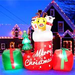 8FT Christmas Inflatable Outdoor Decoration,Inflatable Animal in Xmas Stocking with Gift Box,Lighted Blow Up Animal Standing on Christmas Socks with LED Lights for Christmas Outdoor,Yard Decorations