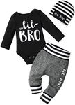 Fommy Newborn Baby Boy Clothes New to The Crew Letter Print Romper+ Pants+Hat 3PCS Outfit, Black+grey08, 3-6 Months