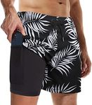 Suwangi Men's Swim Trunks Double Layer Beach Shorts Quick Dry Swimming Trunks Compression Liner 2 in 1 Swim Shorts Boxer Brief Waterproof Surfing Boar Black