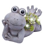 Valery Madelyn Frog Garden Statues with Solar Powered Lights, Adorable Resin Lawn Ornaments Garden Sculptures Animal Figurines for Outdoor Patio Yard Porch Decorations, 7.3 Inch