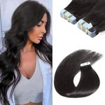 Sunfly Black Hair Extensions Tape In Hair 50g Invisible Tape In Human Hair Extensions 16 Inch 20pcs Glue in Remy Hair #1B Natural Black