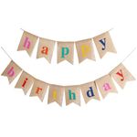 kuou Happy Birthday Bunting Banner, 11.5 Feet Burlap Banner with 13 Pieces Swallowtail Flag Jute Vintage Fabric Cloth Flags Shabby Chic Decoration for Birthday Parties