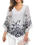 Viracy Plus Size Womens Dressy Tops Casual Double Layers Elastic Mesh Blouses V Neck 3/4 Sleeve Floral Flowy Wedding Guest Chiffon Tunic Shirts-White, XXL