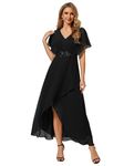 Ever-Pretty Women's A Line V Neck Applique Tea Length Wedding Guest Dress Black 16UK