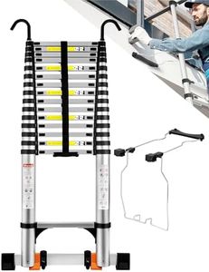 Wolec Telescoping Ladder&Ladder Stabilizer, 20.3 FT Aluminum Portable Extension Ladder w/Hooks, Stabilizers& Wheels, Heavy Duty 330lbs Max Capacity -Silver